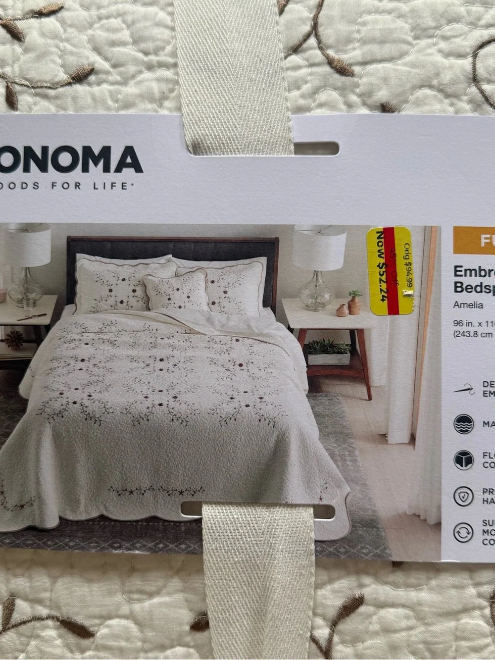 Sonoma Cream Embroidered Bedspread with Pink & Brown Floral Accents full size